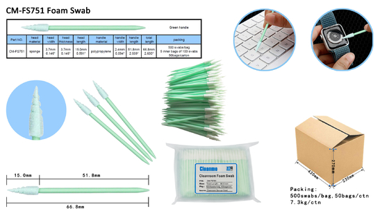 CM-FS751 Disposable Open Cell Tip Cleanroom Foam Swab Stick Industrial Pointed Spiral Head